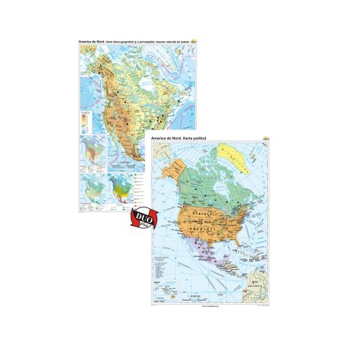 America de Nord. Harta fizico-geografica si a principalelor resurse naturale de subsol si America de Nord. Harta politica Duo Plus 120x160 cm CR-3113DPA