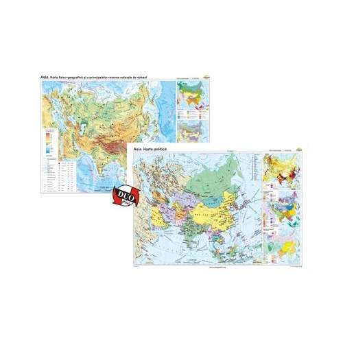 Asia. Harta fizico-geografica si a principalelor resurse naturale de subsol si Asia. Harta politica Duo Plus 160x120 cm CR-3111DPA