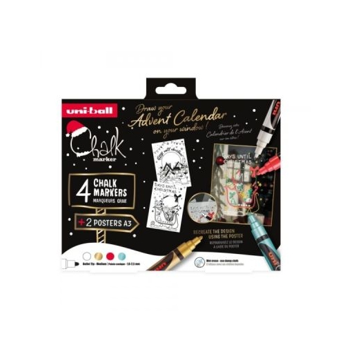 Set 4x Marker cu creta UNI Chalk PWE-5M XMAS Traditional 2 1. 8-2. 5mm alb auriu verde rosu  2 sabloane A3