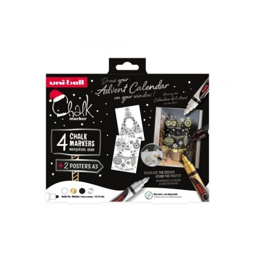 Set 4x Marker cu creta UNI Chalk PWE-5M XMAS Elegante 1. 8-2. 5mm alb auriu arginiu negru  2 sabloane A3