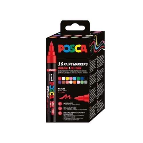 Marker UNI PC-5BR varf pensula 1-4 mm set 16 culori Posca M1603