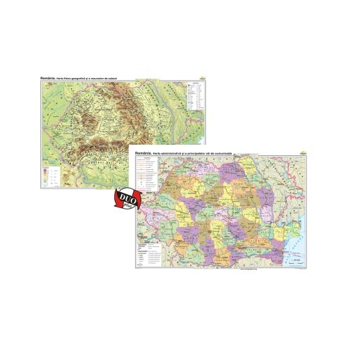 Romania. Harta fizico-geografica si a resurselor naturale de subsol si Romania. Harta administrativa si a principalelor cai de comunicatie Duo Plus 160x120 cm CR-3101DPA