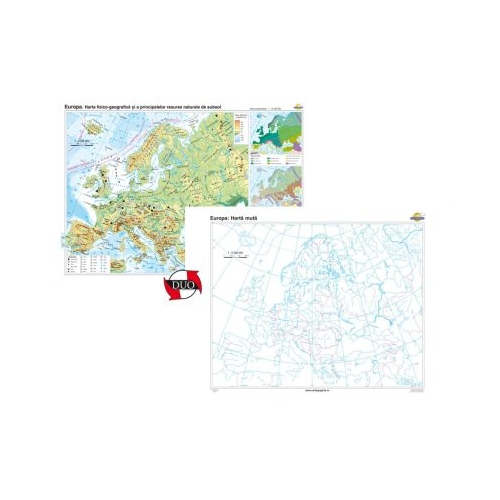 Europa. Harta fizico-geografica si a principalelor resurse naturale de subsol Duo 140x100 cm CR-3106DB
