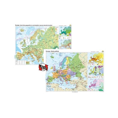 Europa. Harta fizico-geografica si a principalelor resurse naturale de subsol si Europa. Harta politica Duo Plus 160x120 cm CR-3106DPA