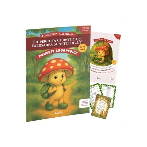 Pachet Logopedic corectare pronuntie sunet CI Ciupercuta Ciubotica Poveste caiet de exercitii si diploma