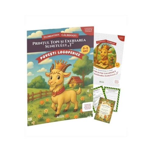 Pachet Logopedic corectare pronuntie sunet T Printul Topi. Poveste caiet de exercitii si diploma