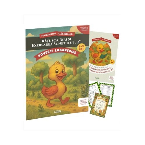 Pachet Logopedic corectare pronuntie sunet R Ratusca Riri Poveste caiet de exercitii si diploma