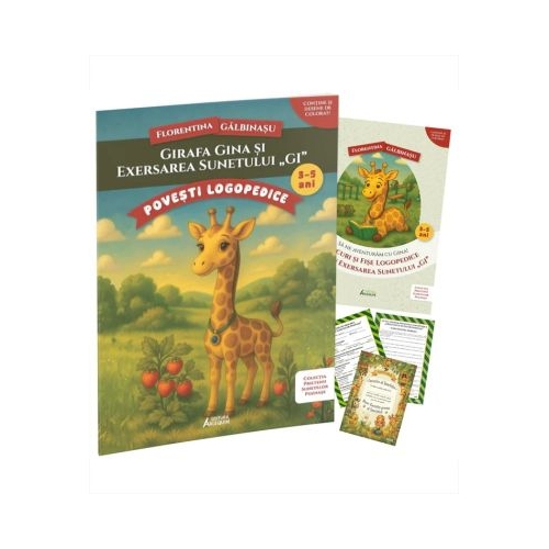 Pachet Logopedic corectare pronuntie sunet GI Girafa Gina Poveste caiet de exercitii si diploma