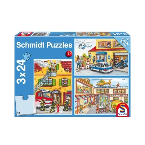 Set puzzle 3 x 24 piese Pompierii si politia Schmidt