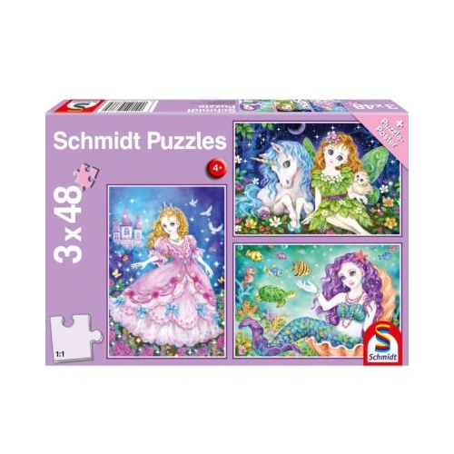 Set puzzle 3 x 48 piese Printesa zana si sirena  poster cadou Schmidt
