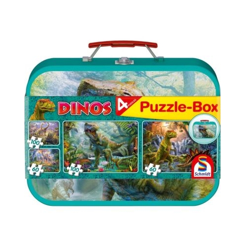 Set puzzle 2 x 60 piese si 2 x 100 piese  Bonus cufar metalic Dinozauri Schmidt