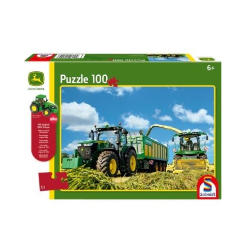 Puzzle 100 piese John Deere - Tractor 7310R si combina de recoltat 8600i  Cadou macheta Siku Schmidt
