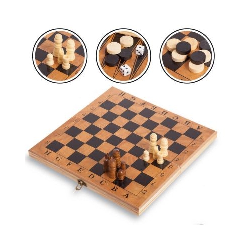 Joc 3in1 - Sah Dame si Table - CNX cutie lemn maro inchidere magnetica 24x24cm 3 ani S2414