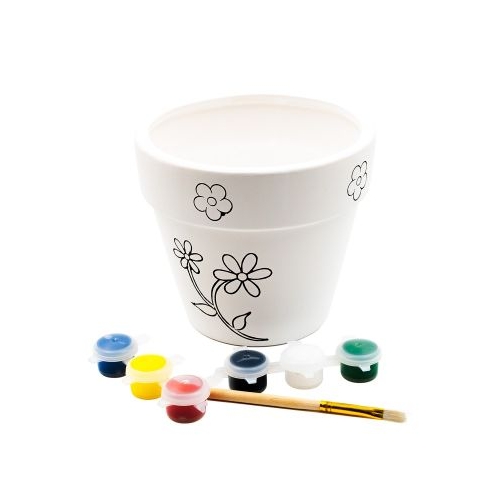 Accesorii creatie ceramica - ghiveci alb cu desene pentru pictat  colorat  6 culori si pensula 12.3 cm Colorarte BS2006