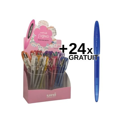 Display 48x Pix cu gel Uni-ball Signo Sparkling UM-120SP 0.7mm diverse culori cu sclipici  24x UM-170 albastru gratuit