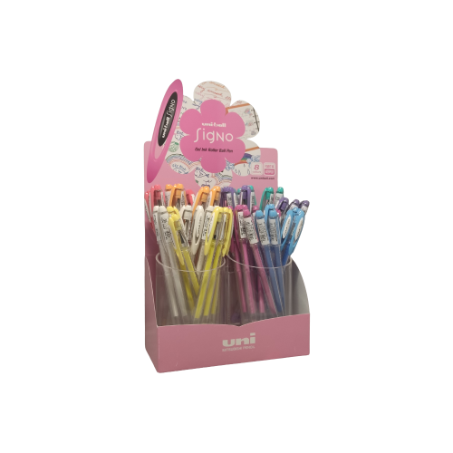 Display 48x Pix cu gel Uni-ball Signo Angelic UM-120AC 0.7mm cu capac corp transparent scris diverse culori