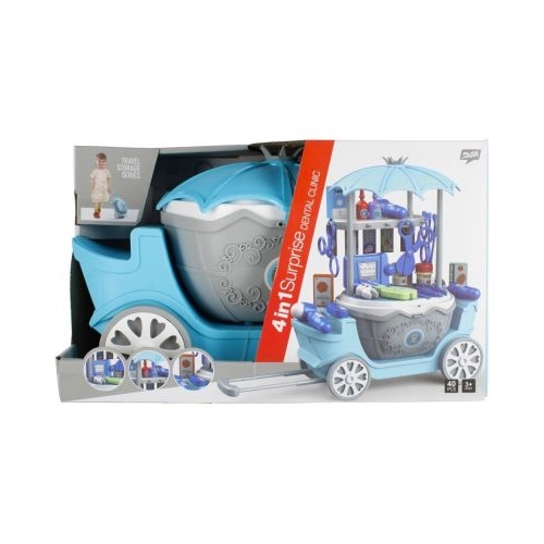 Set de joaca 4 in 1 - stand dentist - accesorii diverse incluse cu maner pe roti bleu-gri MegaCreative 460277 3 ani