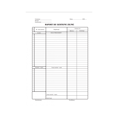 Tipizat - raport gestiune zilnic - A4 portret simplu 100 file