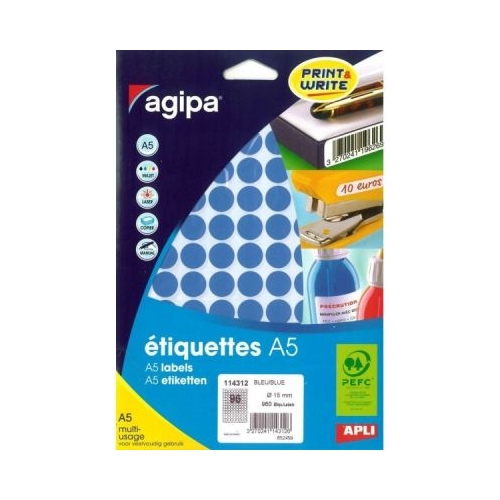 Etichete autocolante Agipa 114312 96A5 15 mm permanente rotund albastru top 10 coli 960 buc.