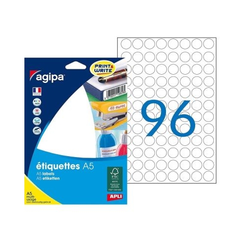 Etichete autocolante Agipa 114002 96A5 15mm permanente rotund alb top 16 coli 1536 etichete