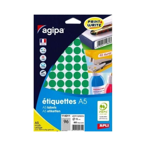 Etichete autocolante Agipa 114311 96A5 15mm permanente rotunde verzi top 10 coli 960 buc