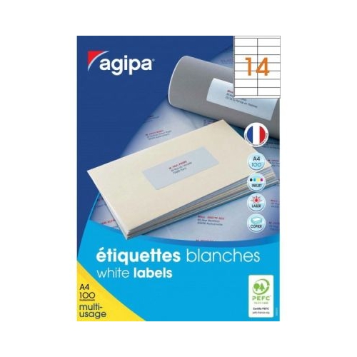 Etichete autocolante Agipa 119002 14A4 105x39 mm permanente colturi drepte alb top 100 coli 1400 etichete