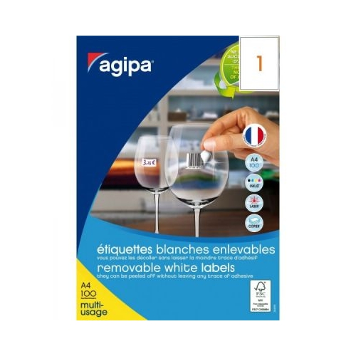 Etichete autocolante Agipa 128993 1A4 210x297 mm nepermanente colturi drepte alb top 100 coli 100 etichete