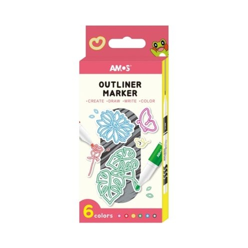 Set 6x Marker Outliner Amos pe baza de alcool varf rotund argintiu cu contur colorat
