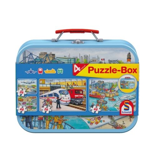 Set puzzle 2 x 26 piese si 2 x 48 piese + Bonus: cufar metalic, Mijloace de transport, Schmidt
