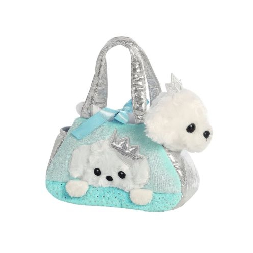 Set geanta pentru copii cu jucarie de plus Fancy Pals, 2 in 1, catel alb, geanta multicolora, 20 cm