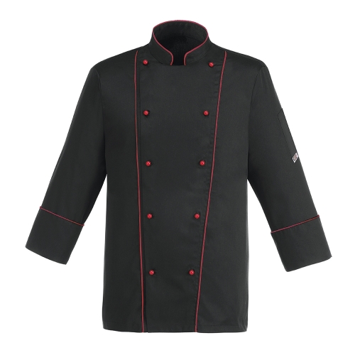 Tunica bucatar, cu maneca lunga, buzunar pe maneca stanga, paspoal si butoni de culoare rosie, marime L