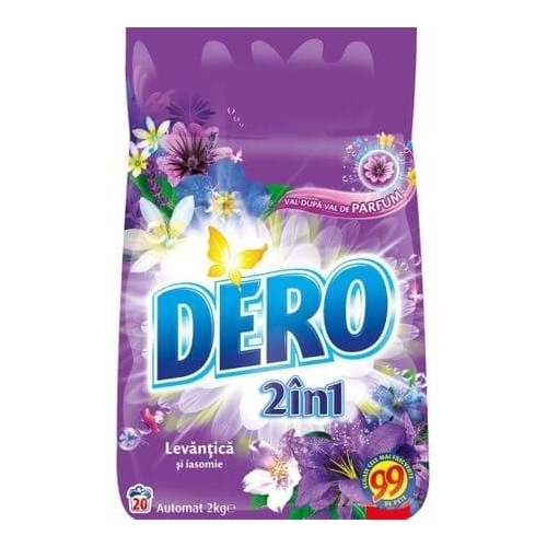 Dero 2 in 1 Detergent rufe/haine automat pudra cu levantica si iasomie, 2 kg. Produs pentru curatarea si igienizarea hainelor si rufelor