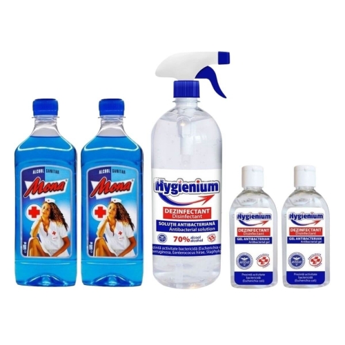 Pachet Dezinfectant: Hygienium Solutie Antibacteriana/dezinfectanta 1L + 2x Hygienium Gel dezinfectant/antibacterian pentru maini 50 ml + 2xMona Spirt/Alcool Sanitar 500 mlpe grupdzc.ro✅. Descopera gama copleta de produse la oferte speciale✅!