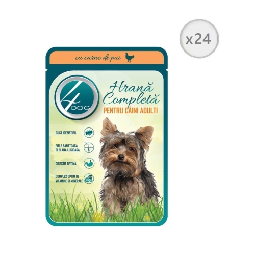 Pachet 4Dog Plic Hrana pentru caini cu carne de pui in sos, 100g x 24 buc. Produse pentru caini si catei