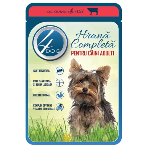4Dog Plic Hrana pentru caini cu carne de vita in sos, 100g. Produse pentru caini si catei