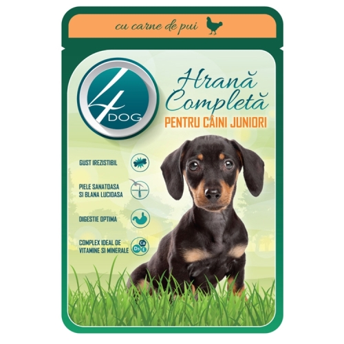 4DOG Hrana completa pentru caine junior plic pui in sos, 100g. Produse pentru caini si catei