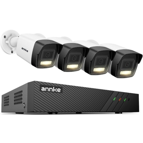 Sistem performant de supraveghere video ANNKE N98PBL+I51EL*4, PoE, NVR 8 canale, 4 camere tip Bullet interior/exterior 5MP, Ultra HD/2k+, vedere nocturna IR, audio, rezistent la intemperii