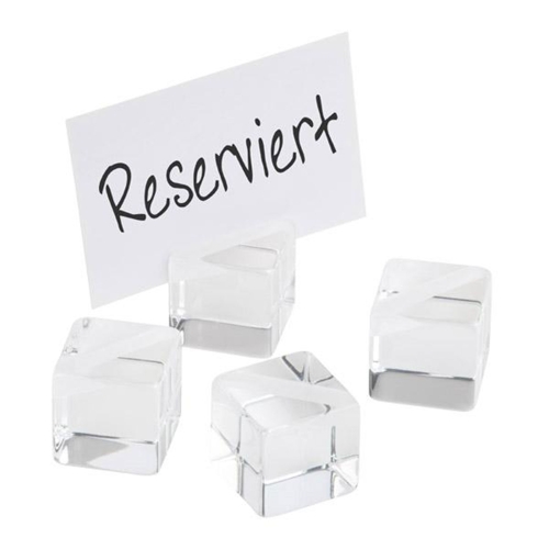 Set 4 suporti pentru numar masa, din policarbonat transparent, include 20 de etichete albe, dimensiuni 30x30x30mm