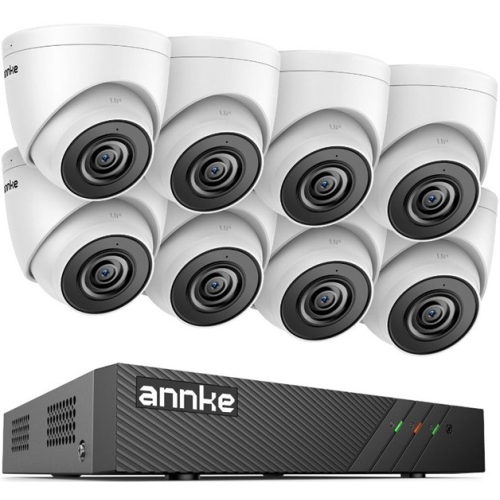 Sistem performant de supraveghere video ANNKE N98PBL+I51DS*8, PoE, NVR 8 canale, 8 camere tip Turret interior/exterior 5MP, Ultra HD/2k+, vedere nocturna IR, audio, rezistent la intemperii