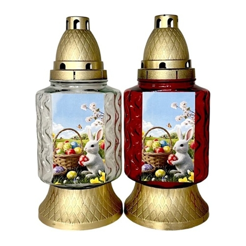 Candelă din sticlă MIX (alb/roșu) – Iepure şi coş ouă