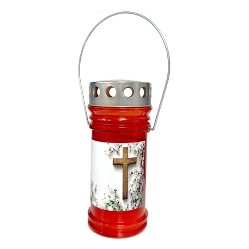 Candelă felinar din plastic cu capac si maner – Cruce – Roșu