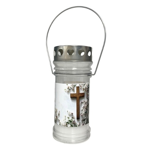 Candelă felinar din plastic cu capac si maner – Cruce – Alb