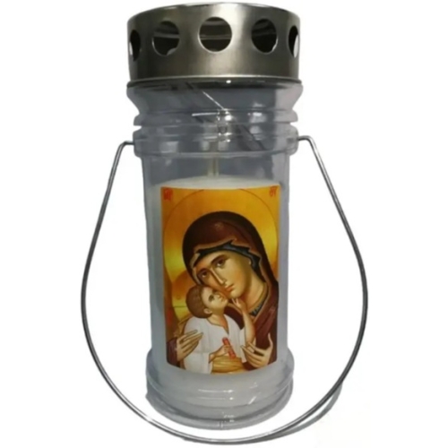 Candela felinar din plastic cu capac si maner 54h cu Maica Domnului - Alb