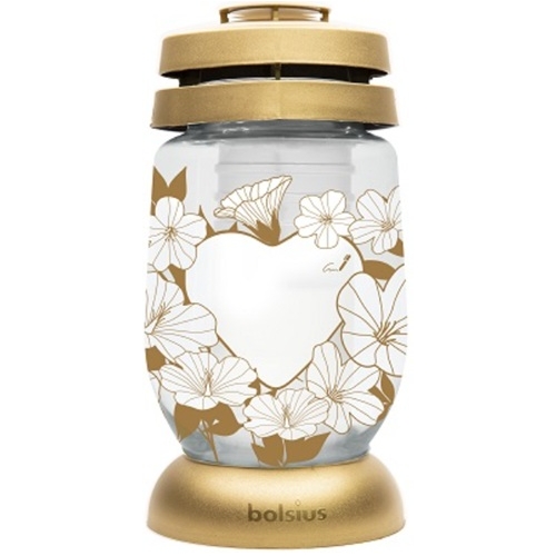 Candelă sticlă Bolsius cu spatiu pentru mesaj si inima aurie