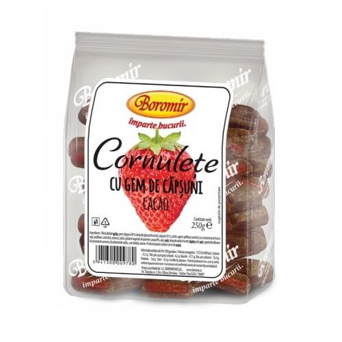Cornulete cu Gem de Capsuni si Cacao, 250 g, Boromir
