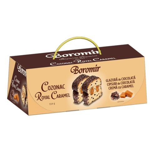 Cozonac Royal Chocolate cu crema de caramel si cipsuri de ciocolata, 550 g, Boromir