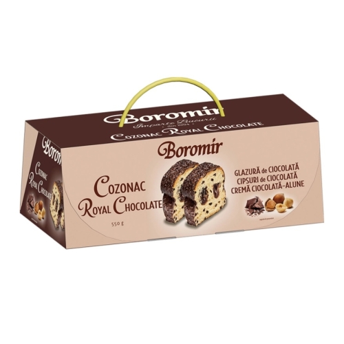 Cozonac Royal Chocolate cu crema de ciocolata cu alune si cipsuri de ciocolata, 550 g, Boromir