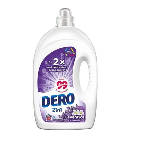 Detergent lichid pentru haine 2 in 1 Levantica si Iasomie, 80 spalari, 4 L, Dero. Produs pentru curatarea si igienizarea hainelor si rufelor