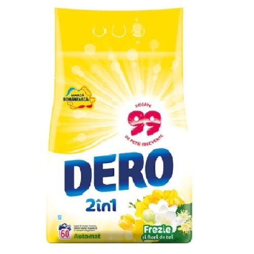 Detergent pudra automat Frezie si Flori de Tei 2 in 1, 60 spalari, 6kg, Dero. Produs pentru curatarea si igienizarea hainelor si rufelor