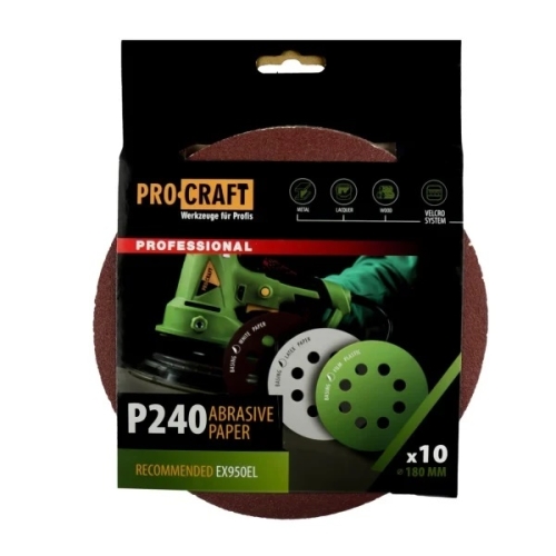 Disc abraziv pentru slefuitor cu excentric KD180.240 PROCRAFT (Set 10 buc)Diametru: 180 mm Granulatie: P240